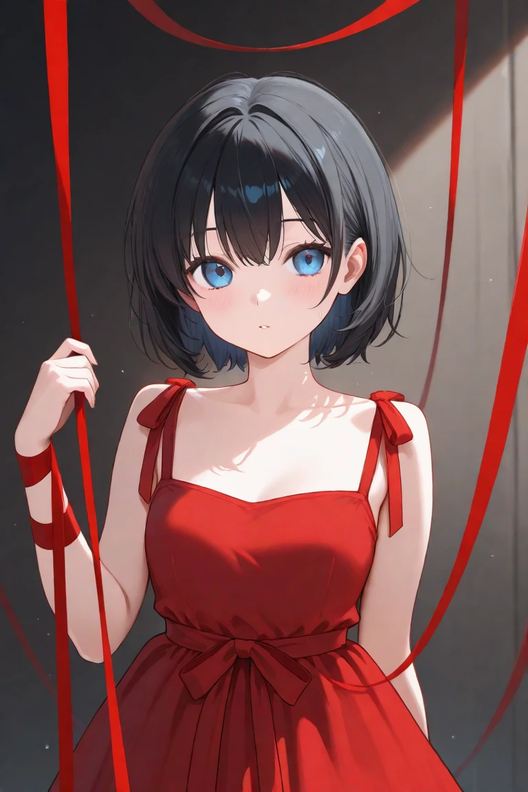 (masterpiece, best quality:1.2), expressive eyes, perfect face, highres, 1girl, solo, adadress, red dress, short dress, sleeveless dress, cleavage, choker, pantyhose, standing, parted lips, cowboy shot, looking at the viewer