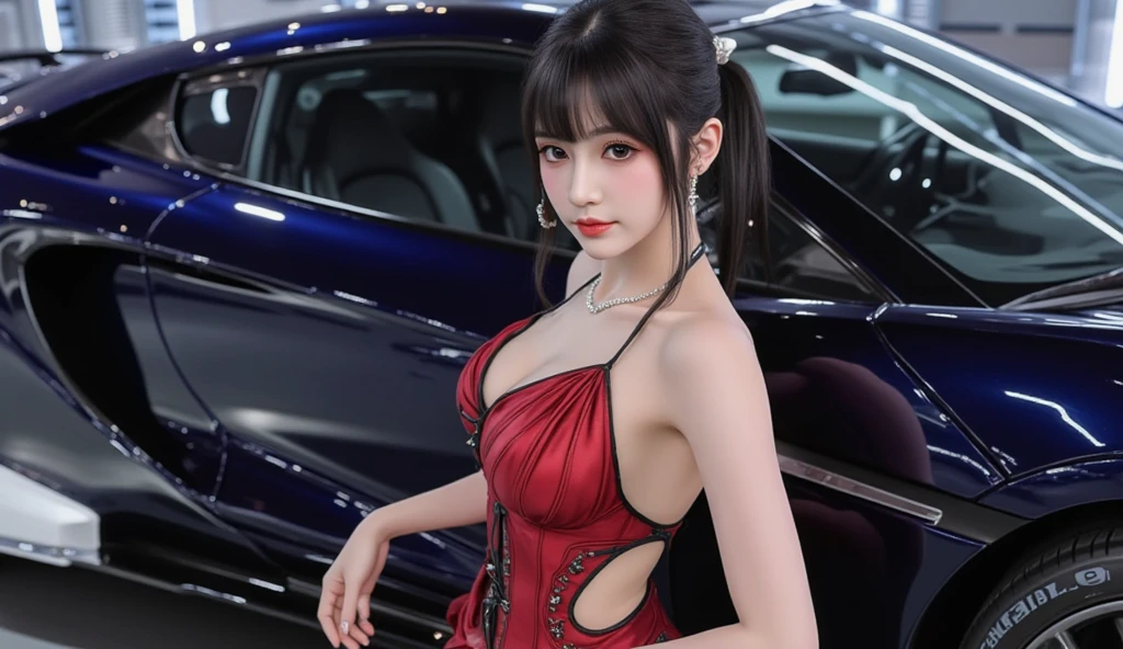 1girl, solo, extremely cute, Amazing face and eyes, idol face, (extremely detailed beautiful face), bright red glossy lips, (lace queen costume:1.5), (Beautiful big breasts:1.2), (Best Quality:1.4), (Ultra-detailed), beautiful fair skin, extremely detailed CG unified 8k wallpaper, raw photos, professional photograpy, cinematic lighting, indoors, (futuristic sports car motor show), (posing in front of a sports car:1.5), (iridescent:1.5), Crowded with many spectators, (zoom on girl)