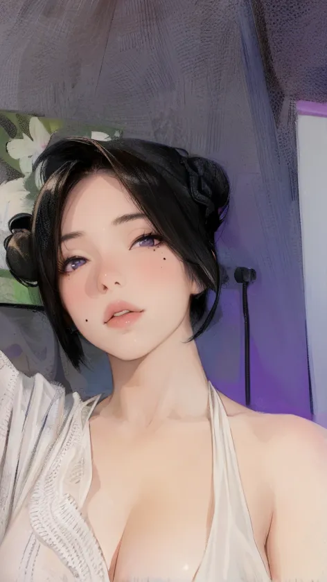 Sexy woman, black hair in a bun, seductive eyes, intense gaze, mouth open, deep blush, flustered, beautiful long neck, collarbone, medium chest, cleavage, blue saree, lying on top, lustful expression, sultry pose