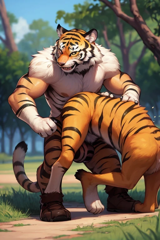 By Taran Fiddler, painterly backhround, Bara, One man, furry, alone, orange tiger, mature male, dilf, older male, muscular, mustache, handsome face, orgasmic facial expression, moaning, pleasured face, orange and black fur, laying down, legs spread, naked, nude, masturbating, jerking off, huge cock (uncut), veiny cock, good view of cock, outdoors, in forest, sitting against tree trunk, wooded forest background, in the dark, dynamic camera angle, dynamic posing