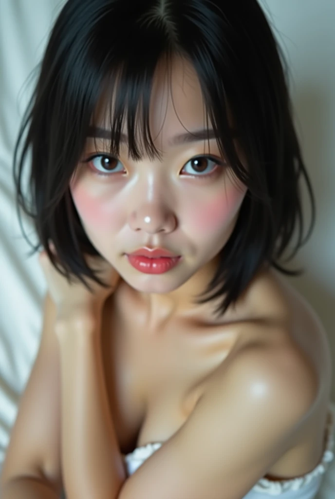 Realistic glowing skin, (発Sweat:1.8),sitting backwards,Look back at your face,Always look at the camera,(発Sweat:1.8),(Beautiful nipples in real life:1.6),,(whole body:1.9),(発Sweatしたリアルな白い肌:1.9),White socks, (Black leather shoes:1.8),
,Cold look,Cold Stare,Black Hair,short hair,Tie your hair short,Silky translucent white skin,,(Very detailed美しい顔), Great face and eyes, (Highest quality:1.4), (Very detailedな), (Very detailed CG 統合 8k 壁紙), Very detailed, High resolution raw color photos, Professional photography, Realistic portrait,Sweat,,(A Cup:1.9),(Flat Chest:1.9),(Very small breasts:1.9),(Breast augmentation:0.1),(Small breasts beginning to swell:1.9),(Breasts during puberty:1.9),
, (少女のwhole bodyの詳細なRAW写真), Canon EOS R5 250mm, Sharp focus, Cinema Lighting, (No makeup:1.2), Fine skin, Delicate collarbone,,(Ultra-high resolution:1.6), (Realistic:1.6),,(Japanese junior high school girls:1.9),(whole body:1.8),(Sweatが滴る肌:1.9),(Black pleated skirt for the lower body only:1.9),(Sweatで滲んだ肌:1.9),(Age is :1.9),(Raise one hand above your head:2),(Topless:1.9),Height is 155cm,Non-erect, thin nipples,very small nipples,Natural nipples,Real girl nipples,Not disgusting nipples、 (Armpit hair just starting to grow:1.9),(sit cross-legged:1.9),Sitting cross-legged,Sit, (Sitting cross-legged:1.9),