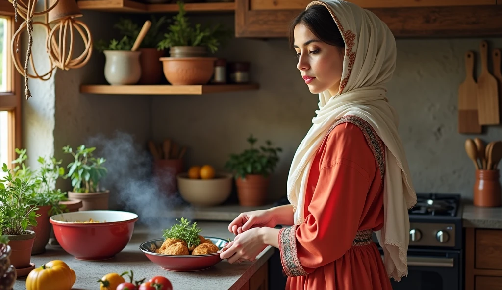 a animation hijabi girl is making a roti standing in kitchen its back side a window is present , through window a tree is see and midnight time moonlight reflect through window inside things