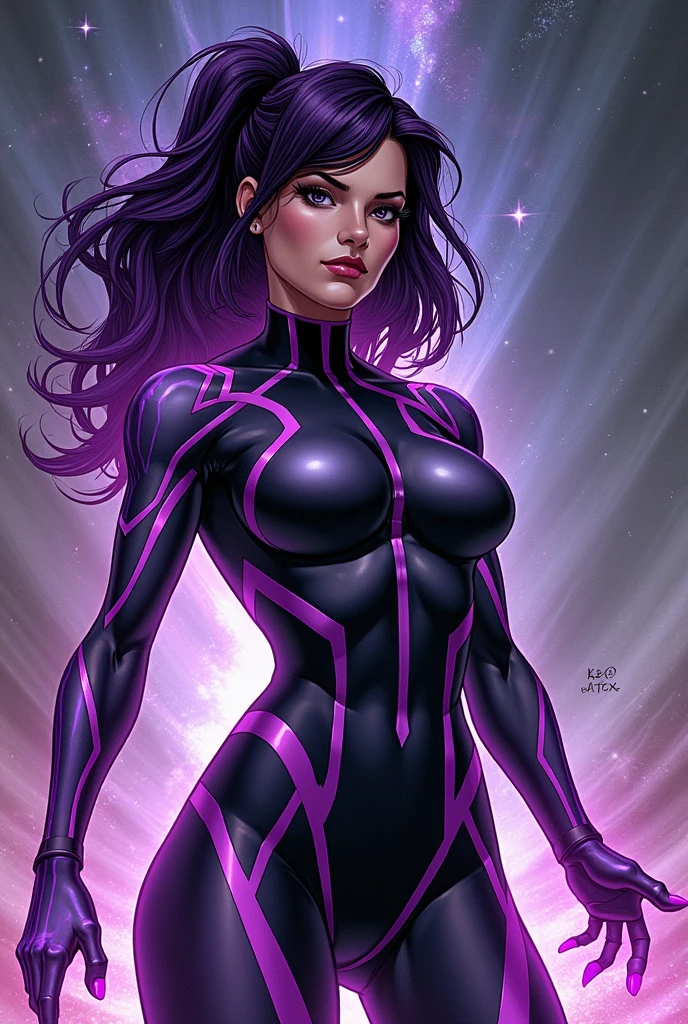 ((Best quality)), ((masterpiece)), (detailed: 1.4), (Absurd), paper, perfect face, Fighter pilot hot Latina woman ready for war, dark skin, lightning and lightning, muscular sculptural body defined, Wolverine mask, (((full body))), half-thick naked thighs, closed mouth, muscular body covered in purple technological clothing, Neon Genesis Evangelion style, cyberpunk, generous neckline, ((perfect small breasts)), (lilac eyes), ((totally purple clothing with golden rays)), (((short dark purple straight hair)))), long black eyelashes heavy makeup, garter belt, niji --V5, close to real, psychopath, crazy face, sexy pose, red and white background, 2 pieces clothing, centered, scale to fit dimensions, HDR (High Dynamic Range),Ray Tracing,NVIDIA RTX,Super-Resolution,Unreal 5,Subsurface dispersion, PBR Texture, Post-processing, Anisotropic filtering, Depth of field, Maximum clarity and sharpness, Multilayer textures, Albedo and specular maps, Surface shading, Accurate simulation of light-material interaction, Perfect proportions, Octane Render, Two-tone lighting, Wide aperture, Low ISO, White balance, Rule of thirds, 8K RAW, crysisnanosuit