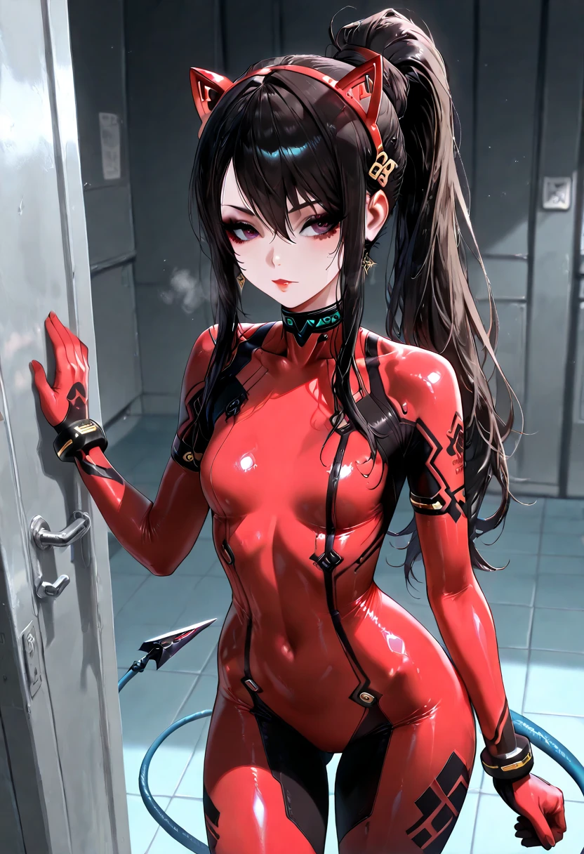 masterpiece, best quality, zerotwo, horns, hairband, red bodysuit, mecha, cowboy shot, indoors, standing, office, looking at viewer, serious