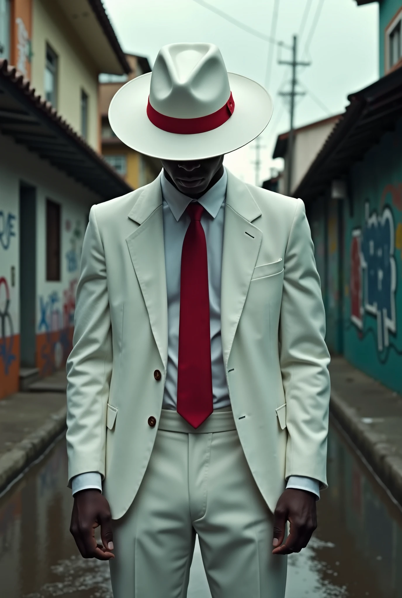White man in suit with blood, with a black hat with blood covering his mouth with the bottom of the Rio de Janeiro