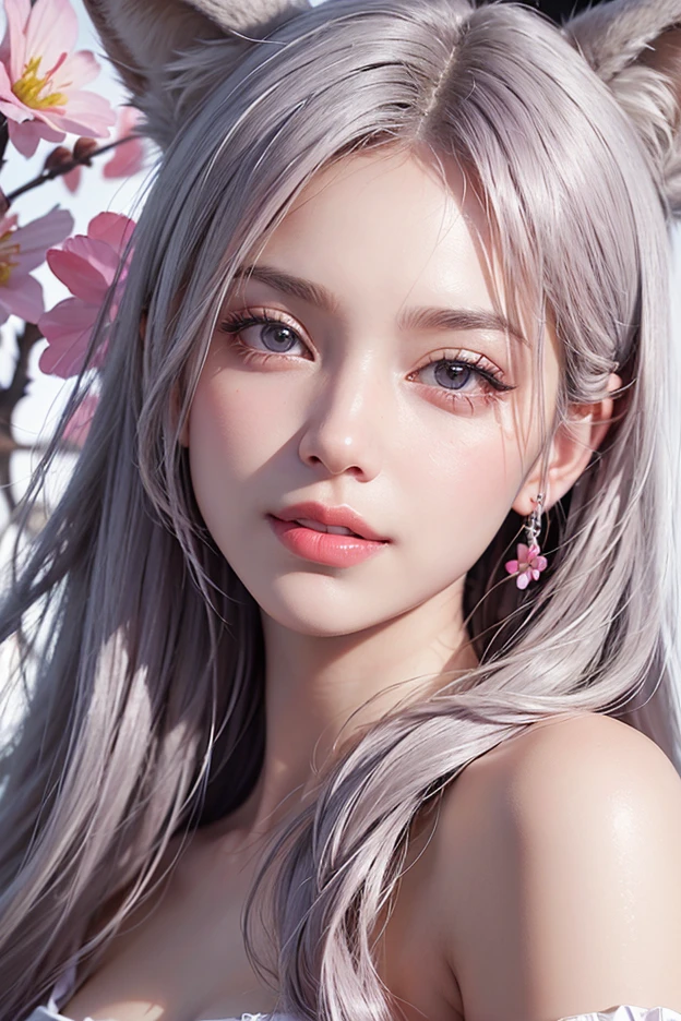 (best quality), (masterpiece), a beautiful 27-year-old Korean woman with porcelain-smooth skin, lovely makeup, glamorous, clean face, cinematic lighting, slim figure, white-pink hair in a ponytail, visible collarbone, professional model, simple white background. She has a cute and lovely expression, delicate features, radiant smile, feminine and soft appearance, natural beauty, artistic.