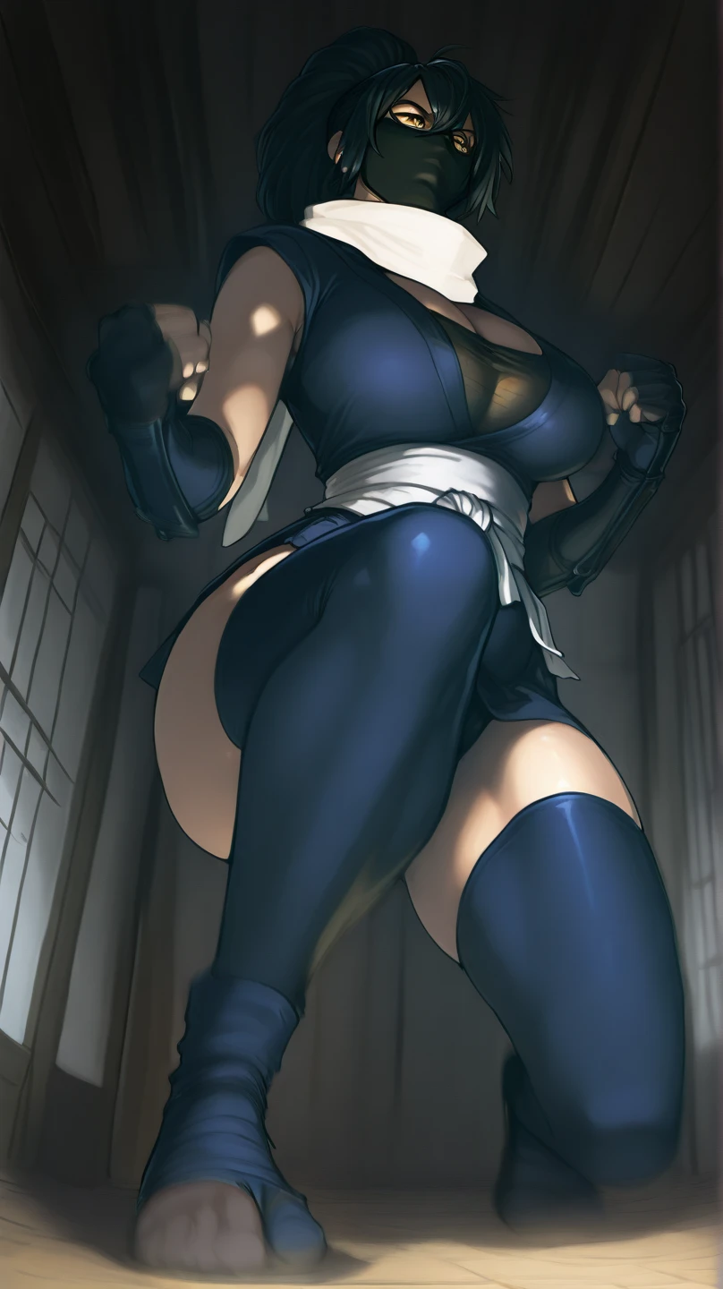 Black hair girl with a ponytail, standing looking at the ground with an air of superiority. muscular girl, naughty smile. thick-thighs. detailded, beautiful face, blue colored eyes. She has a small breasts. crotch focus. ninja outfit. focus on the ass.
