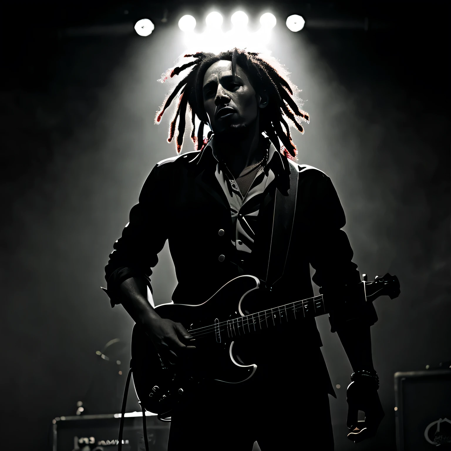 Bob Marley performing in a dark, smoky underground reggae club, gritty lighting, electric guitar in hand, crowd in silhouette, moody noir comic book style, dramatic shadows, close-up composition, black and red tones — 9:16