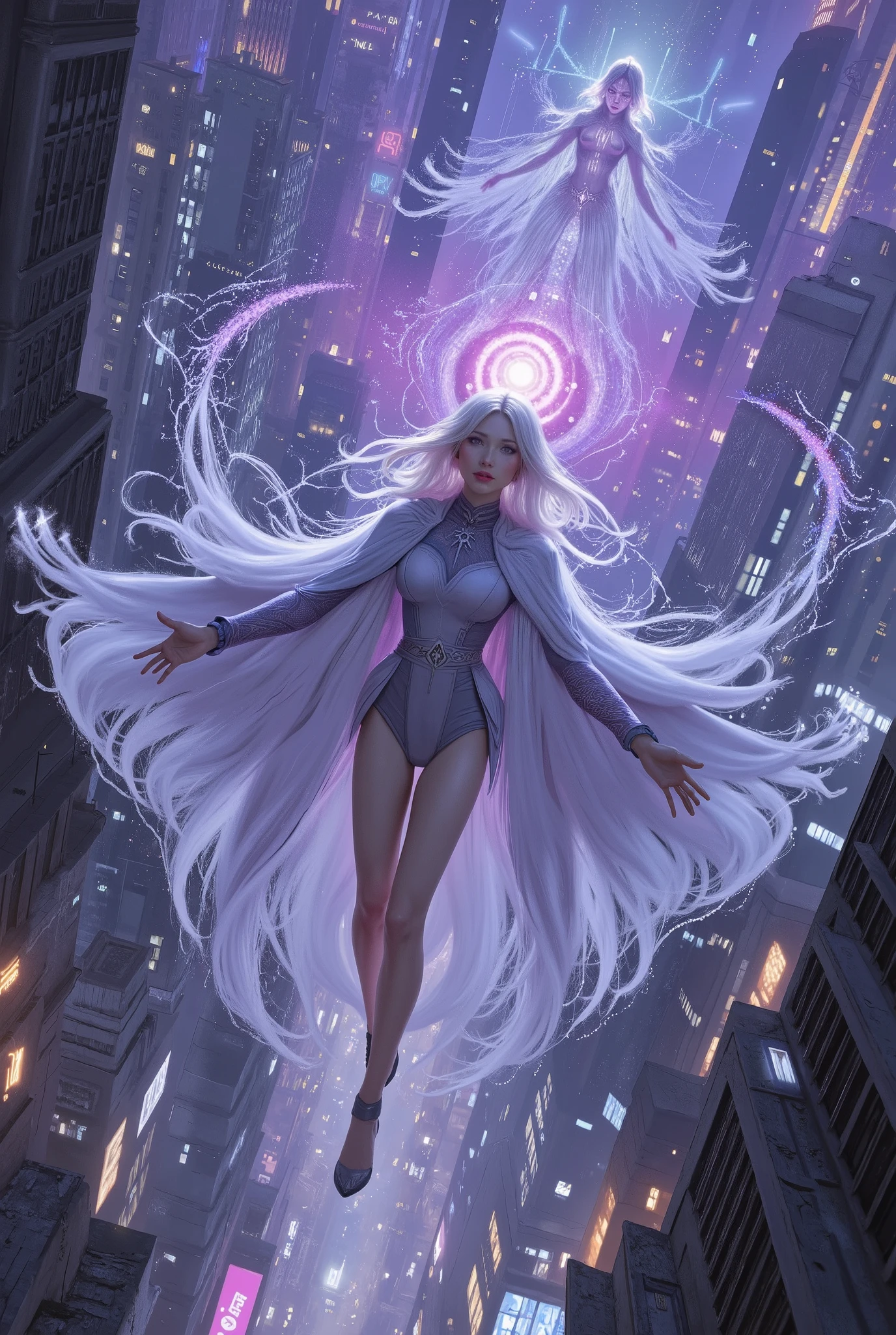 storm stome girl full body fly on the night sky in city