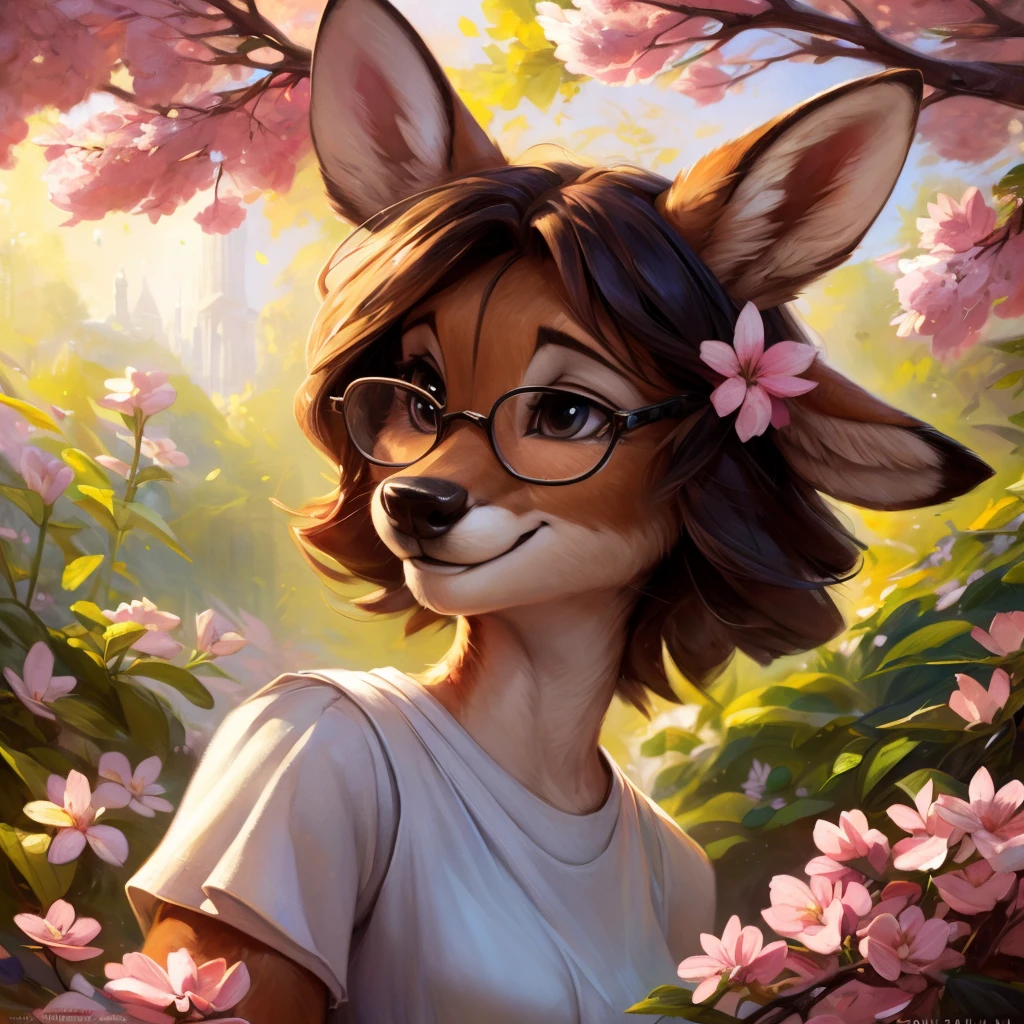 uploaded on e621, watercolor look, by Pixelsketcher, by Bayard Wu, by Thomas Benjamin Kennington , by Einshelm, by hioshiru and kenket, Chunie, portrait, solo anthro female deer doe, with small featureless breasts, clear dark blue, cinematic lighting, day, sunny day, lavender field, stays in a wildflowers field, wildflowers field background, mediterranean background, horizon background, shiny, short curly dark brown hair, wearing big black nerd glasses, very very beautiful furry art, furry art, smiling, joyful, shiny, happy, feminine, cute face, muzzle, fluffy chest, flawless face, Fallow deer, 1girl, Sakimichan is beautiful, Masterpiece, Wavethesallow Face, shiny, Detailed image, portrait, Detailed image, portrait, full body, wearing pure white short spaghetti straps dress, wearing a wildflowers wreath, shiny, realistic face, perfect anatomy, hourglass body, (furry body:1.1), anthropomorphic deer, looks at the viewer, small fluffy tail, detailed background, (cute anatomy:1.1), stands in a wildflowers field, wildflowers in hair