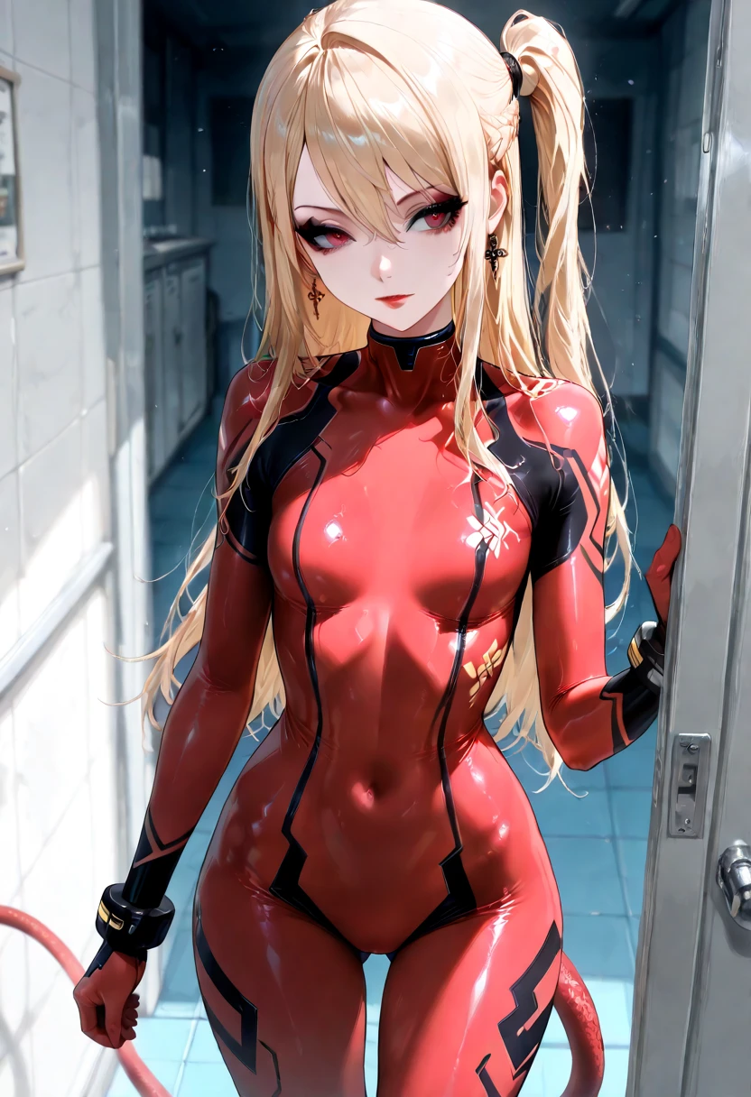 high detail, Full body, wearing (tight shirt:1.2), beautiful detailed face, hazel eyes, (attractive fitness woman:1.3), (seductive:1.1), (blushing:1.1), hourglass body shape, complete shiny aerobic black and red latex bodysuit, big round breasts