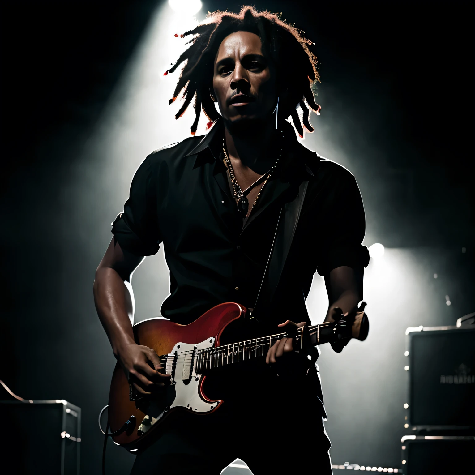 Bob Marley performing in a dark, smoky underground reggae club, gritty lighting, electric guitar in hand, crowd in silhouette, moody noir comic book style, dramatic shadows, close-up composition, black and red tones — 9:16