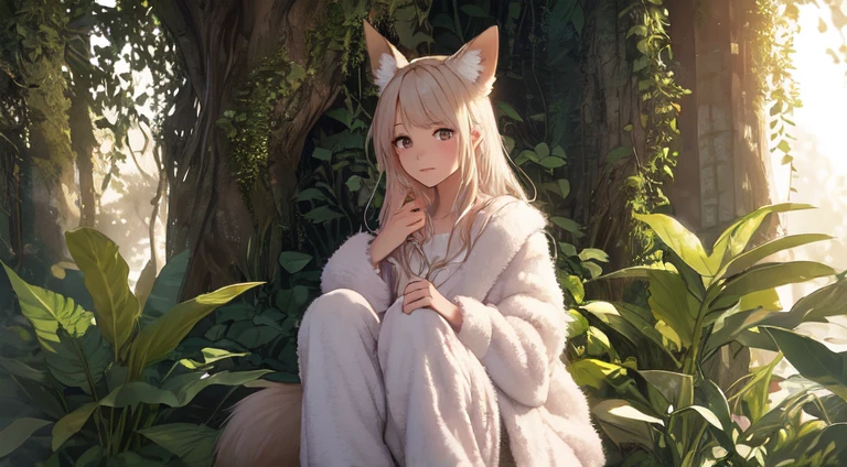 A professional high-quality photo, in 4K resolution, captures in realistic detail a charming girl in a fluffy white pajama with ears and foxtail. She is sitting in the middle of an enchanted forest, where every element is portrayed to perfection. The textures of the pajamas, ears and tail are sharp and palpable. Sunlight falls on the leaves and gently illuminates the girl's face, highlighting each delicate and charming expression --auto --s2