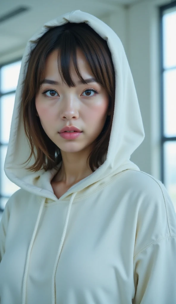 (8k, RAW photo, highest quality, masterpiece:1.2), (realistic, photo-realistic:1.4), (Highly detailed 8K wallpaper), perfect female body, Tight, famous japanese idol, 20 year old girl, japanese model, medium short hair, messy hair, light brown hair, hoodie, happiness like a goddess
