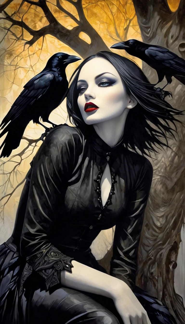 there is a woman in a black dress with a black bird on her shoulder, corvo negro, (corvo negro: 1.0), ((bird perched on shoulder)), arte de estilo fantasia sombria, gothic fantasy art, arte de fantasia sombria, fantasia sombria misturada com realismo, in style of arte de fantasia sombria, Artgerm e Rossdraws, Artgerm e Tom Bagshaw, vampira com asas de corvo, wlop e artgerm, artgerm extremamente detalhado