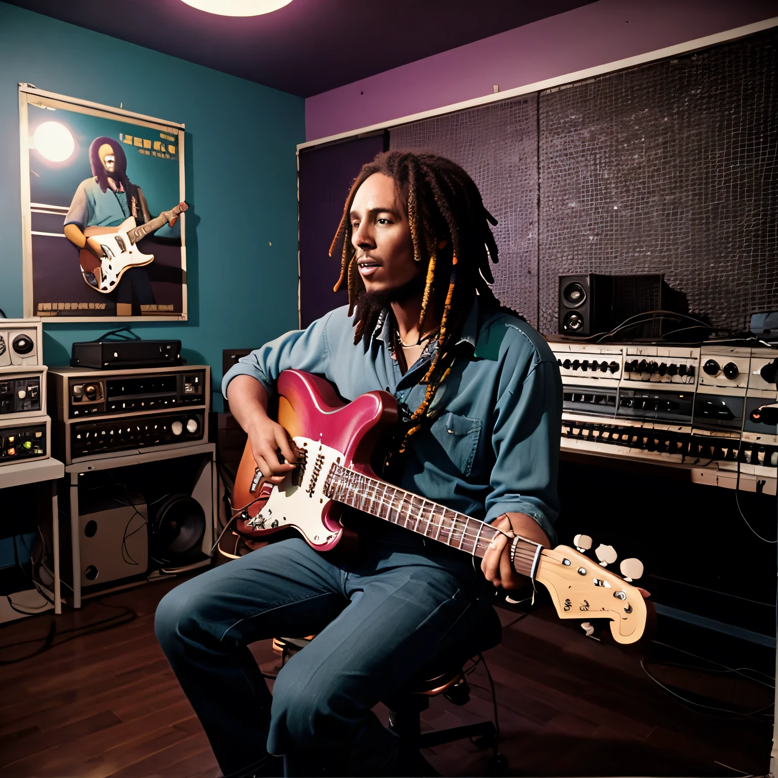 Bob Marley recording music in a small vintage studio, playing a Fender Stratocaster, analog equipment and reggae posters on the walls, glowing ambient lights, retro 1980s vaporwave aesthetic, purple and teal color scheme — 9:16