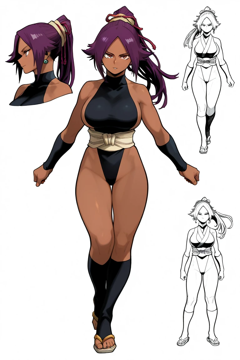 Appearance
Gender: Female
Age: Mature
Race: Drow (elf with dark skin and purple 2bangs hair side to side)
Height: Full-body
Skin: Gray
Skin: Gray
Background: Plain Gray
Eyes: Purple
Attire: Bikini, revealing abdominal muscles
Accessories: Large earrings, ragged rags, chain necklace