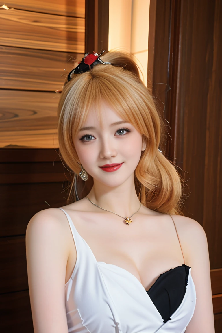 best quality, tmasterpiece,Ultra-high resolution,Clear face,(Reality:1.4),ferpect lighting,(upper body photo:1.5), (photorealistic:1.50), anime wallpaper, Guviz style artwork, cover-up fantasy up to magic , by Yang J, Guviz, beautiful artwork illustration, beautiful digital artwork, beautiful digital illustration, Li Song, beautiful anime portrait, art style in Beauvot, 1girl, (intricate white sleeveless maid clothes:1), (Kpop idol), (aegyo sal:1), (busty), ((cleavage)), (curvy), large breasts, huge breasts, (light blonde twintail:1), ((puffy eyes)), from below, looking at viewer, laughing, happy