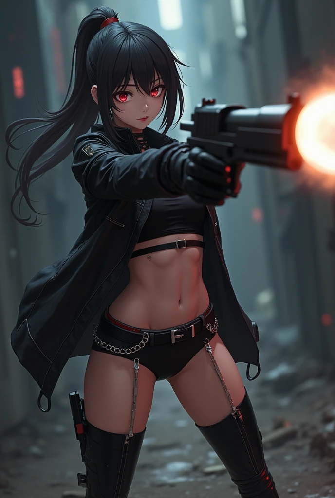 hot anime lady wearing black clothes and headphones while killing a crowd of zombies with guns surrounding her, blood everywhere