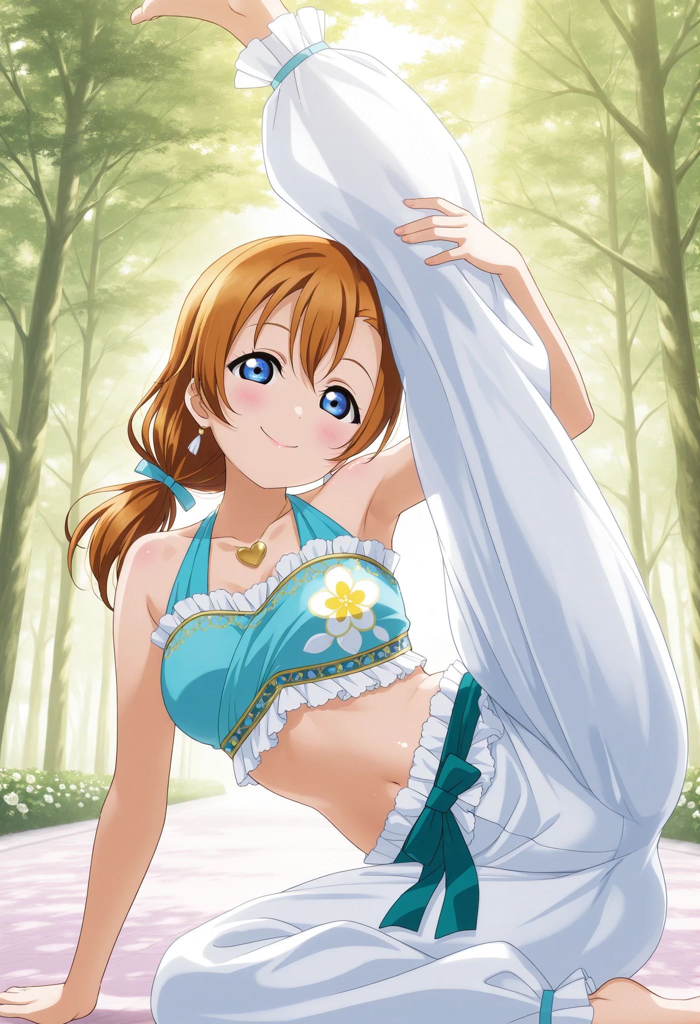 (masterpiece, best quality, highres), 1girl, medium hair, medium breasts, bikini, swimsuit, arms up, hands up, armpits, white background, id_honoka_kosaka, front view