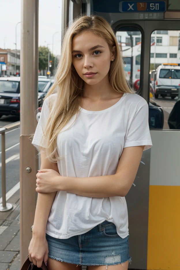 A beautiful girl with blue eyes, wearing t-shirt and jeans pant,