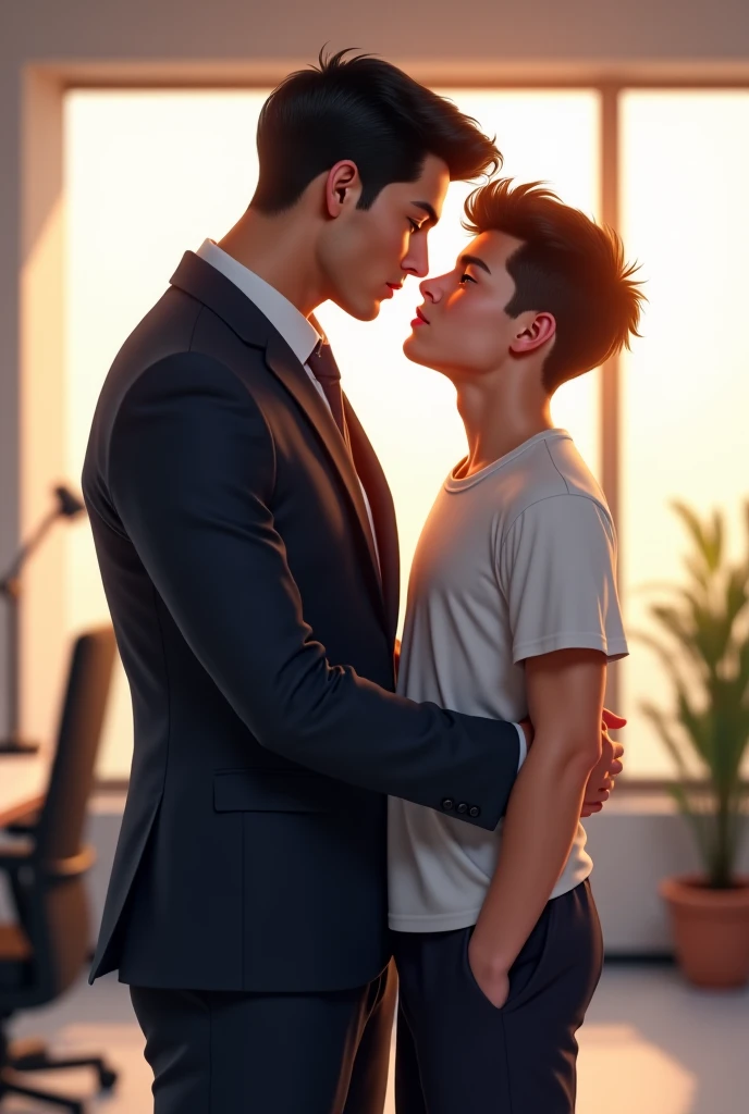 Photo realistic image of a 40 year old white teacher group, tall and beardless, muscled guy on a date in tight sports uniform on his big hairy muscular legs in love with a student boy male teenager young slim uniformed guy kissing