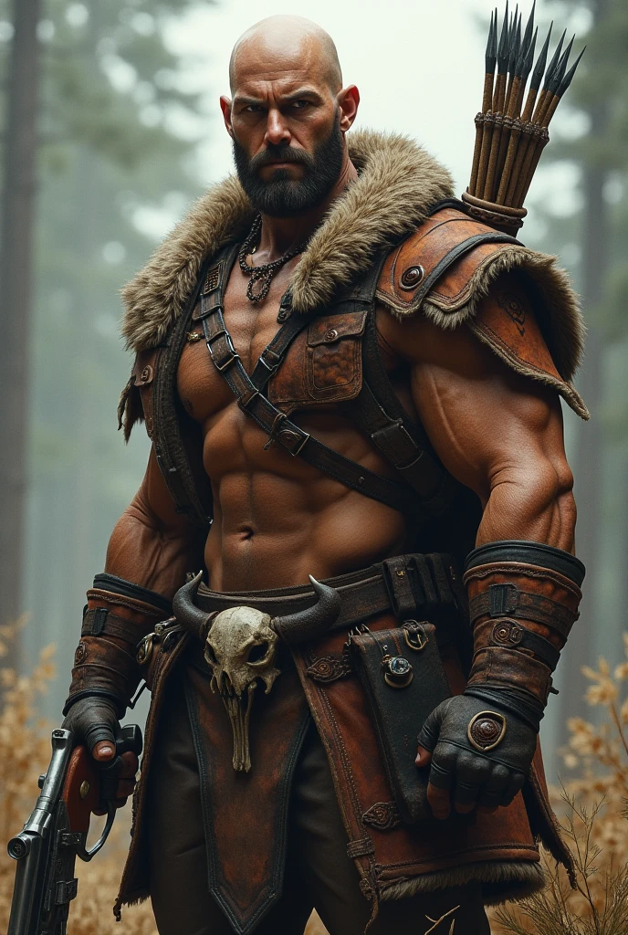 realistic, masterpiece, best quality, cinematic, dynamic lighting, soft shadow, highest detail, professional photography, detailed background, depth of field, insane details, intricate, aesthetic, detailed face, subsurface scattering, realistic hair, realistic eyes, 1boy, muscular, manly, (large pectorals:1.3), pectorals, abs, photo of a handsome male barbarian wearing leather harness armor, intricate tribal armor, fighting pose, angry, battle cry, holding weapon, sword, medieval, fantasy, rpg, blood, injury, sweat, barbarian village background, medium messy hair, blonde hair,