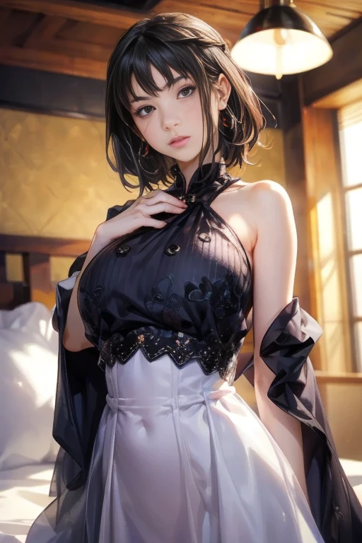 In 8K,highest quality,The real picture,Intricate details,超A high resolution,Depth Field,Masseter muscle area,Natural soft light,Professional Lighting,1 girl,(cute:1.2),Very beautiful 17 year old girl,Detailed eyes,((Brown eyes)),(Black Hair),(short hair),(bangs),Perfect Skin,Shiny skin,Pure white skin,Fine skin,Big and ample breasts,((Perfect Anatomy,Nice hands,Perfect hands,Five fingers connected to the palm,Precise needles without discomfort)),Perfect Barefoot,Delicate legs,Perfect balance,sexy,I can see your chest,((Japanese Uniform)),((Uniform Mini Skirt)),(tie),Black socks,Chano Leather Shoes,Lurking deep in the city,I can see your crotch,Show me your panties in the street,Both legs are bent,Spread your legs in an M shape,,I can see your pants,Slender thighs when viewed from the front(((Accentuate the crotch)))