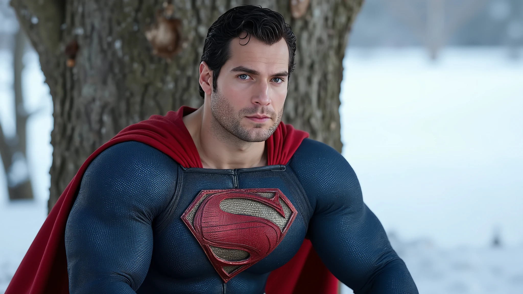 Hyperrealistic 8K photo of muscular Henry Cavill with a beard and short dark hair dressed in a Superman costume, sat next to a tree, thoughtful and determined expression on his face,  Winter snow 