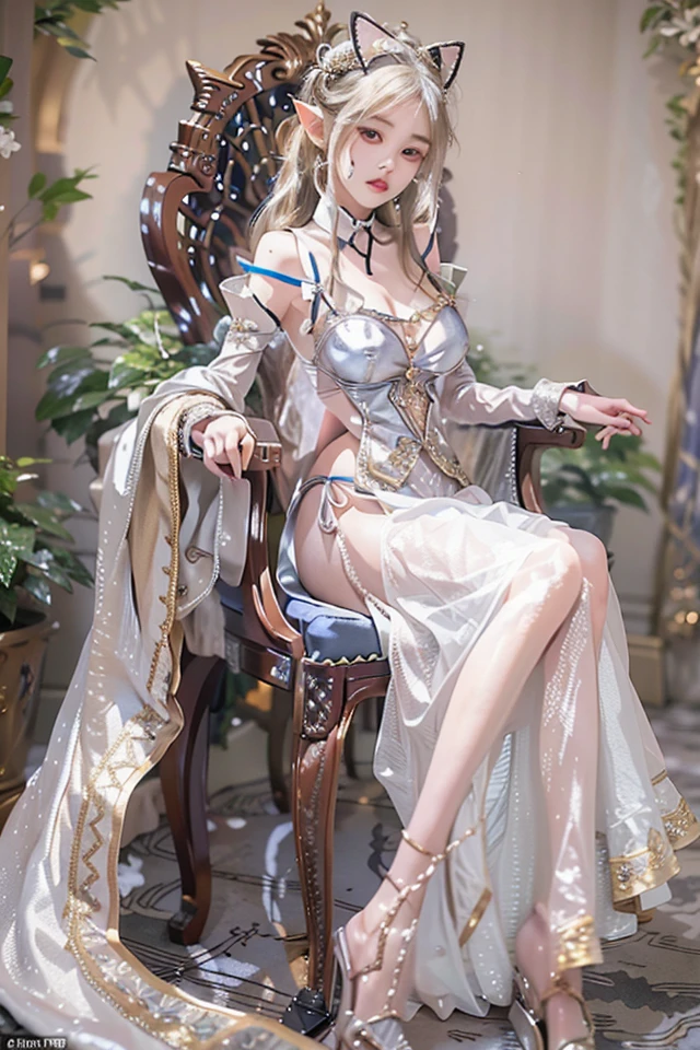 Woman in silver see-through dress, Sitting on the golden throne、cross one's legs、Queen's Wand、Real Art Station, Heavy rain scene, detailed fantasy art, Stunning character art, Beautiful exquisite character art, Beautiful gold armor, Extremely detailed, Girl in Shining Armor, Exquisite Intricate Headdress and Jewelry, Full body capture,