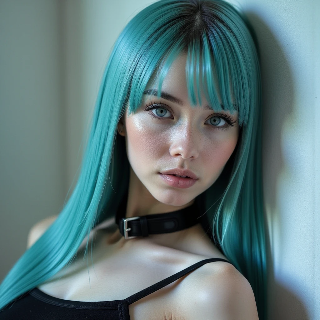 there is a woman with green hair posing for a picture, long green hair, dark green hair, green hair, long straight green black hair, bright green hair, with long turquoise hair, long hair with full bangs, with full bangs, green wavy hair, green flowing hair, teal hair, straight bangs, long hair with bangs, long straight bangs