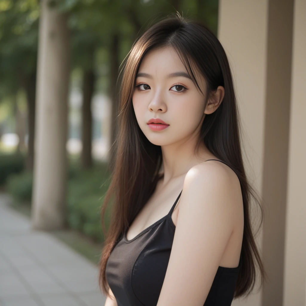 Gorgeus Girl, Beautiful, Baby Face, 20 Years Old, White Skin, Beside, Sexy Pose, wearing black tank top, Bokeh, park Background, Masterpiece, asking for a hug, full body Shot
