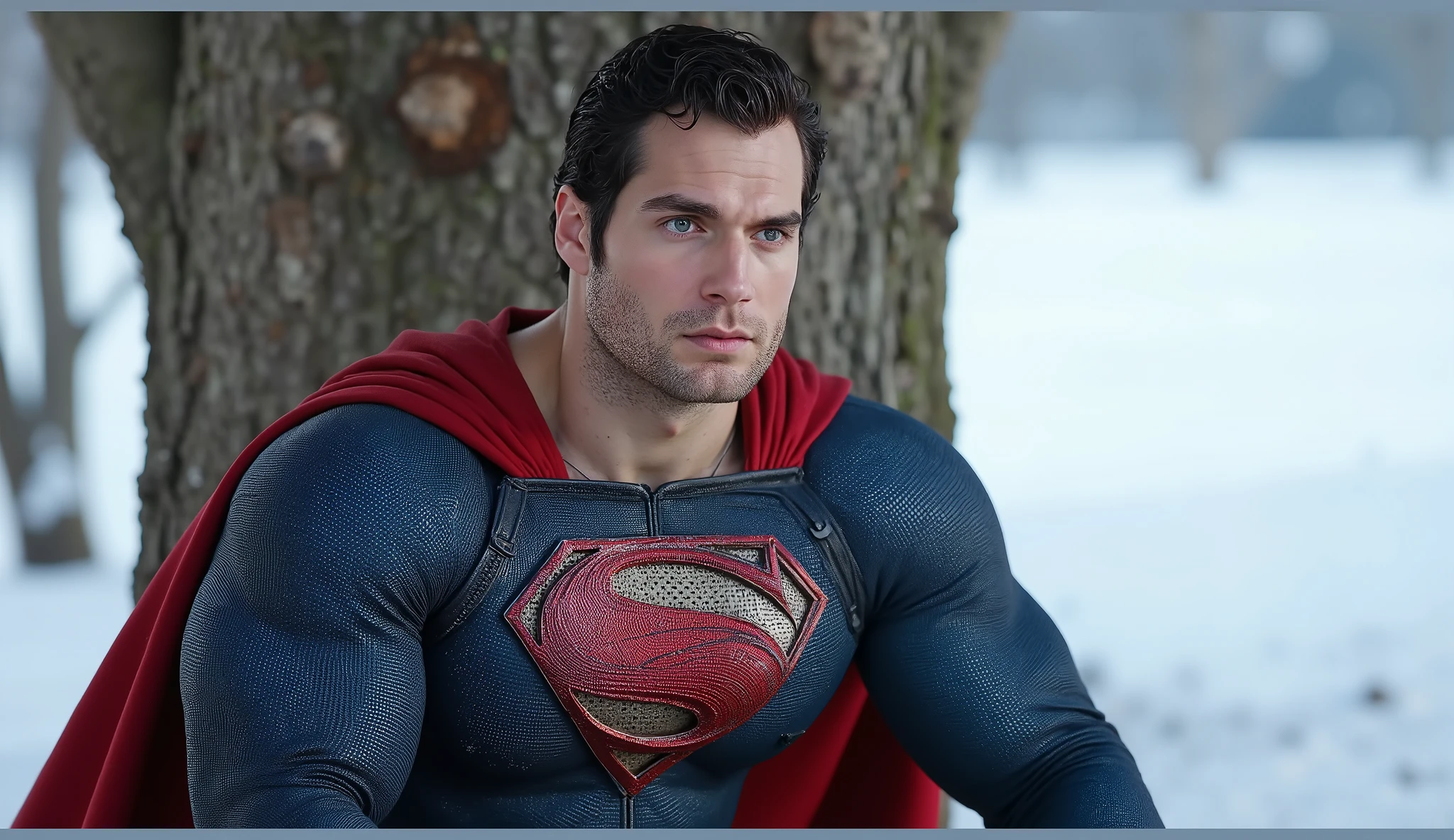 Hyperrealistic 8K photo of muscular Henry Cavill with a beard and short dark hair dressed in a Superman costume, sat next to a tree, thoughtful and determined expression on his face, Winter snow , full body