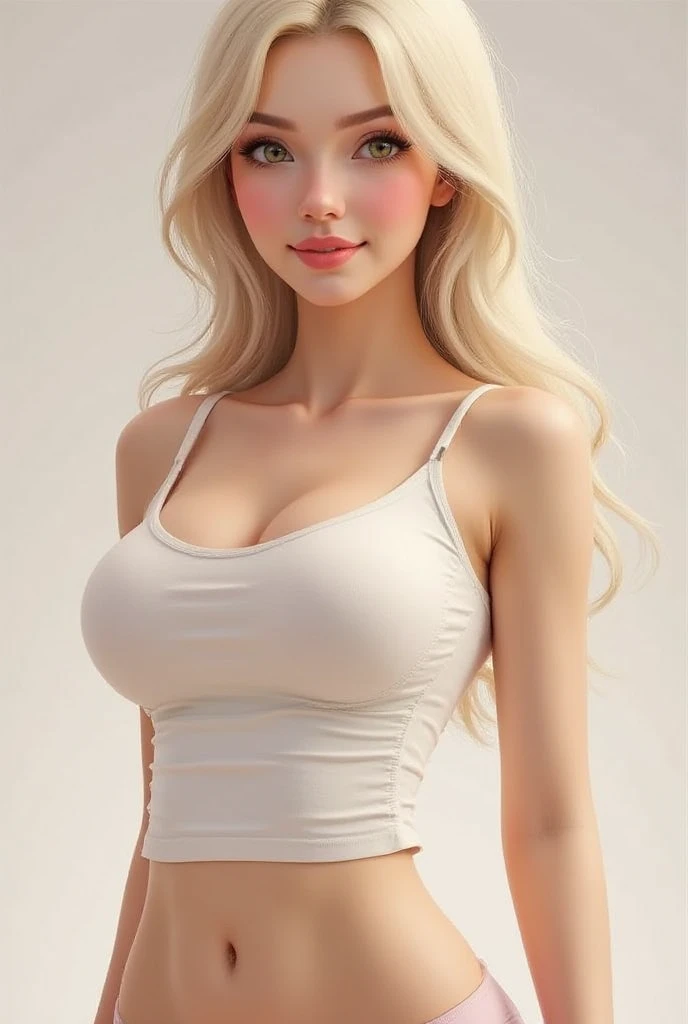 (Best quality, 8k, Masterpiece :1.3), (realistic, photorealistic: 1.37), 1girl, Pretty woman in her 20s, emphasizing slender abs :1.3, Korean, tight spaghetti top with hot shorts, (long white hair, large breasts :1.3), indoors, Ultra-detailed face, Detailed eyes, Double eyelids, eyeshadow intensifying, many eyelashes, bright red lip, random pose, full body visible, professional lighting, photon mapping, radiosity, looking directly at viewer