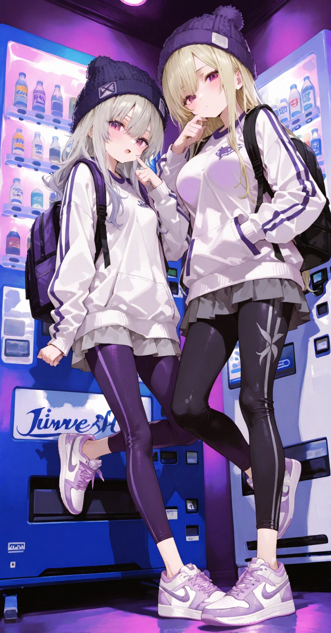 ((Masterpiece)), best quality, absurderes, ultra detailed, holographic, cowboy shot, golden ratio, super cute girl, mature girl, idol girl, super beautiful asian girl with very beautiful violet glowing eyes, beautiful glowing brown multicolored hair, high ponytail, nice and sexy body, slim body, perfect body, wearing a super tight anime printed leotard, an anime printed super tight off shoulder long sleeve crop top, a super aesthetic transparent mini jacket, beautiful hair ornament, pink jordan tennis, being photographed in a mall shop with her handsome skinny boyfriend, wearing