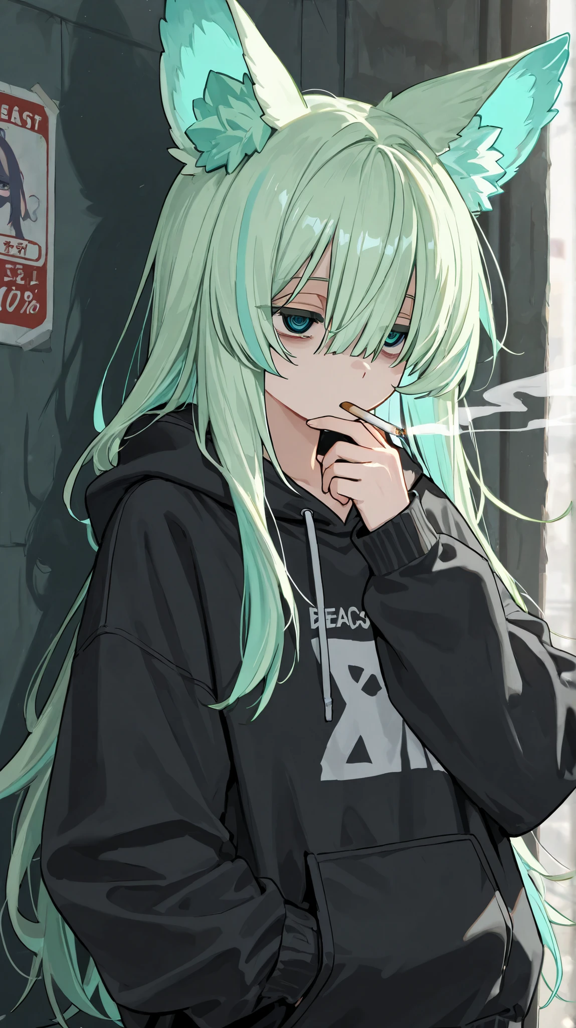  (masterpiece)、(absurdres)、(ultra detailed)、(8k),Anatomically correct,(solo lady),(shiny dark green hair),(dark green eyes),(straight long hair),BREAK,small breast:0.9,BREAK,Black jacket,Hold a cigarette in your mouth,teeth:0.8,from below:0.8,half- closed eye,Lots of smoke,Close-up shot:1.2,simple darkness background,in the darkness:1.2,looking viewer,(White smoke:1.3)