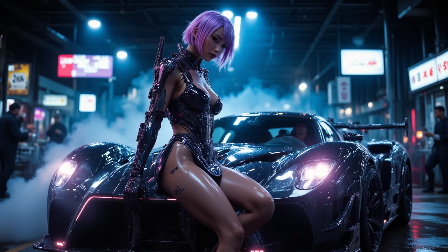 a woman in a bikini and a blue bra top leaning on a car, cyberpunk vibes, cyberpunk vibe, electronic bikini, cyberpunk 2 0 y. o model girl, dreamy cyberpunk girl, in cyberpunk style, metal bikini, in cyberpunk aesthetic, bright cyberpunk glow, sexy girl, anna nikonova aka newmilky, cyberpunk beautiful girl, ( ( ( synthwave ) ) )