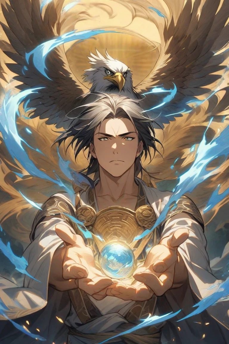 Adult male, long white hair, blue eyes, King cloak, open torso, open chest, open belly, muscles, God of Wind, eagle head, wings, Quetzalcoatl, Masterpiece, best quality, Full HD, 8k, ultra details, great graphic