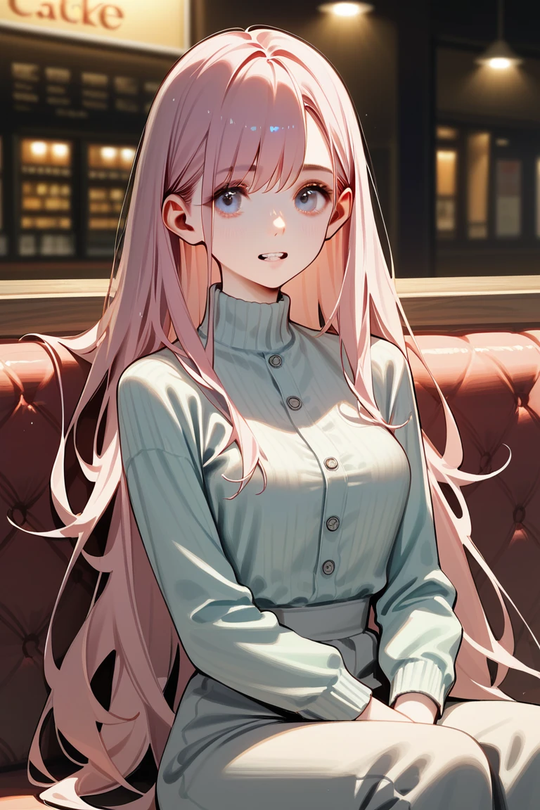 (masterpiece:1.3, top-quality, ultra high res, ultra detailed), (realistic, photorealistic:1.4), beautiful illustration, perfect lighting, natural lighting, colorful, depth of fields, surrealism,
beautiful detailed hair, beautiful detailed face, beautiful detailed eyes, beautiful clavicle, beautiful body, beautiful chest, beautiful thigh, beautiful legs, beautiful fingers, shiny skin, 
looking at viewer, 1 girl, japanese, 18 years old, (perfect anatomy, anatomically correct, super detailed skin), cute and symmetrical face, babyface, perfect face, perfect eyes, slender, 
(long hair:1.8, straight hair, pastel pink hair), blunt bangs, maroon eyes, slant eyes, long eye lasher, (medium breasts, seductive thighs), 
((long sleeve v-neck light brown sweater), white curly skirt),  
(beautiful scenery), evening, (dining room), hands on chest, (lovely smile, upper eyes, parted lips),