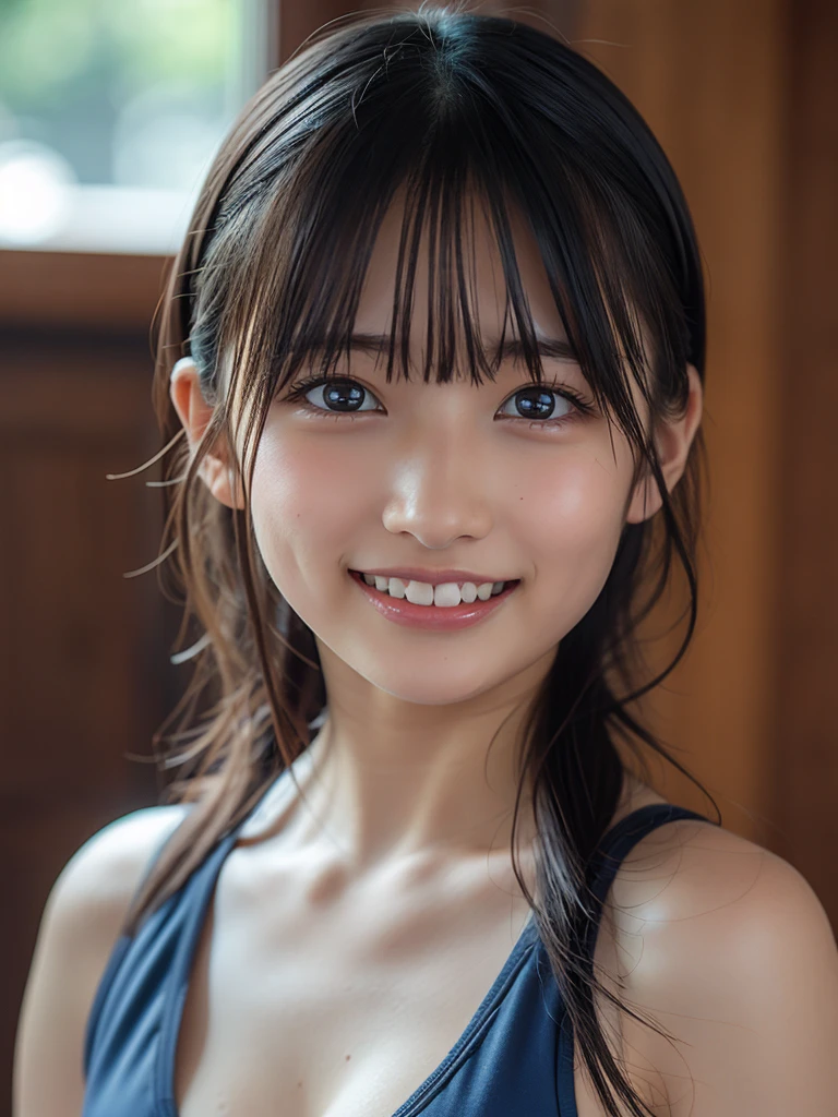 A very cute german girl, 15 years old, short brunette hair, buns, bangs, sad smile, a lot of ear piercings, Ultra high res, uhd, (photorealistic:1.4), wearing tube top, athletic body