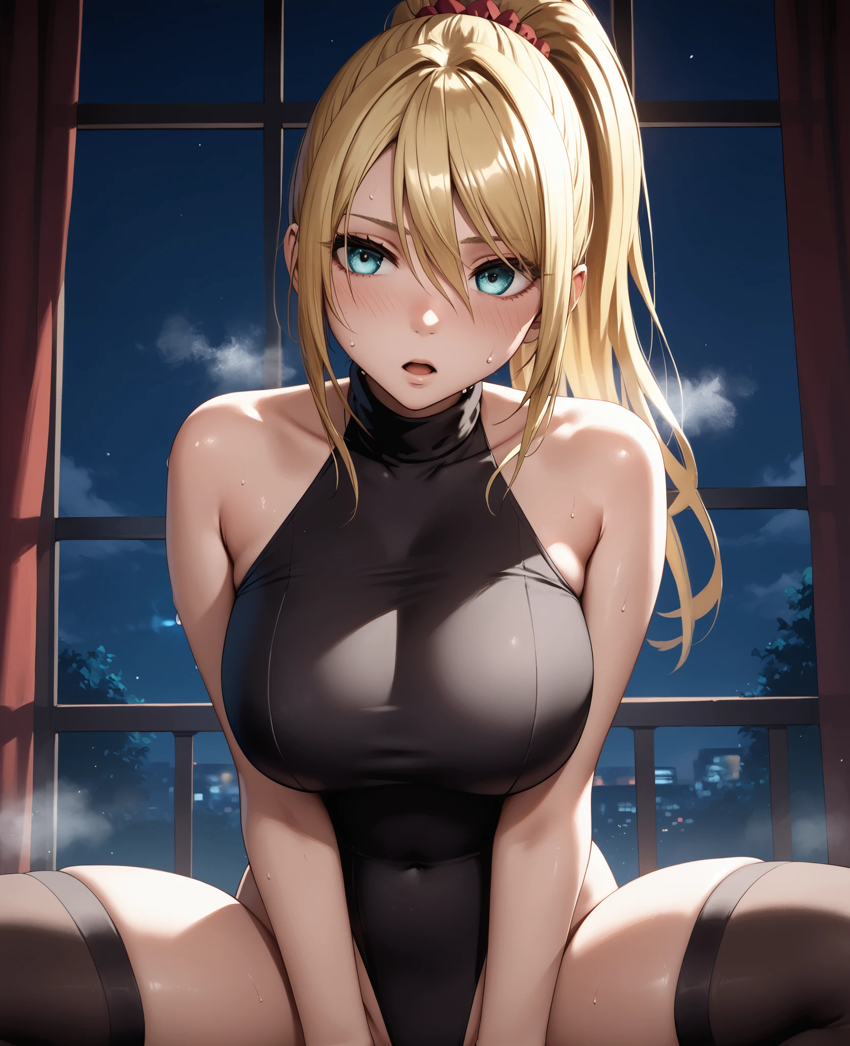 great quality,very beautiful,Absard dress,top quality,newest,masterpiece,4k,resolution,animated screen capture,1 girl,solo, golden hair, ponytail, hair between eyes, Aqua Eyes, super huge breasts that are just about to break, Sweating a lot , staring face,blush,with your mouth wide open,(Kesha),black leotard, Covers the clavicle, turtleneck, bare shoulder, Exposed Navel, black thigh high socks, There's a lot of steam,Extend your arms straight up,bending forward,spread your legs,Author,upper body,night, crimson style