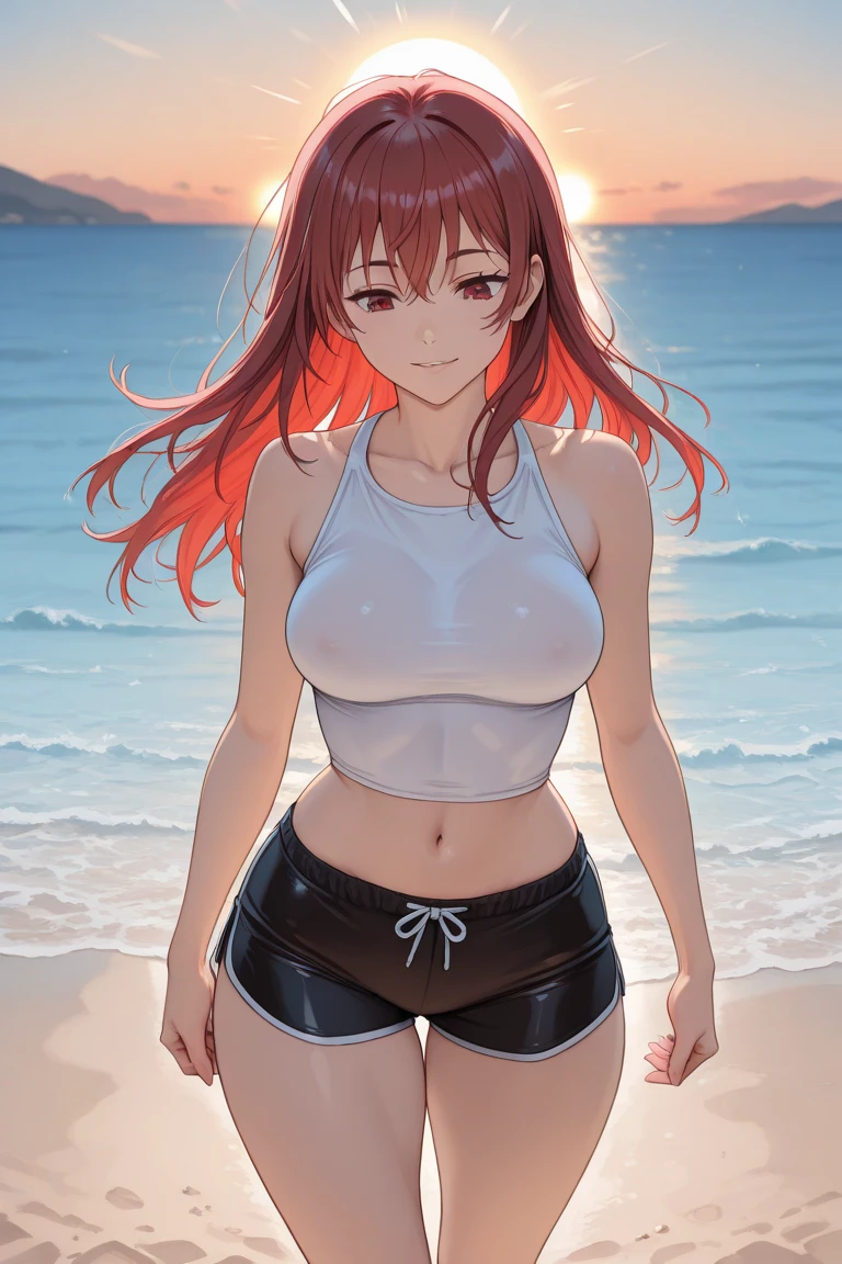 masterpiece, best quality, high detail, beautiful woman, bright red hair, large bust, ((white tank top cropped)), ((black pencil skirt)), long skirt, midriff, belly button, upper body, hips, hip bones, looking at viewer, awkward, frown, garden, backyard, pool, wet, wet clothes, wet shirt, wet skirt,