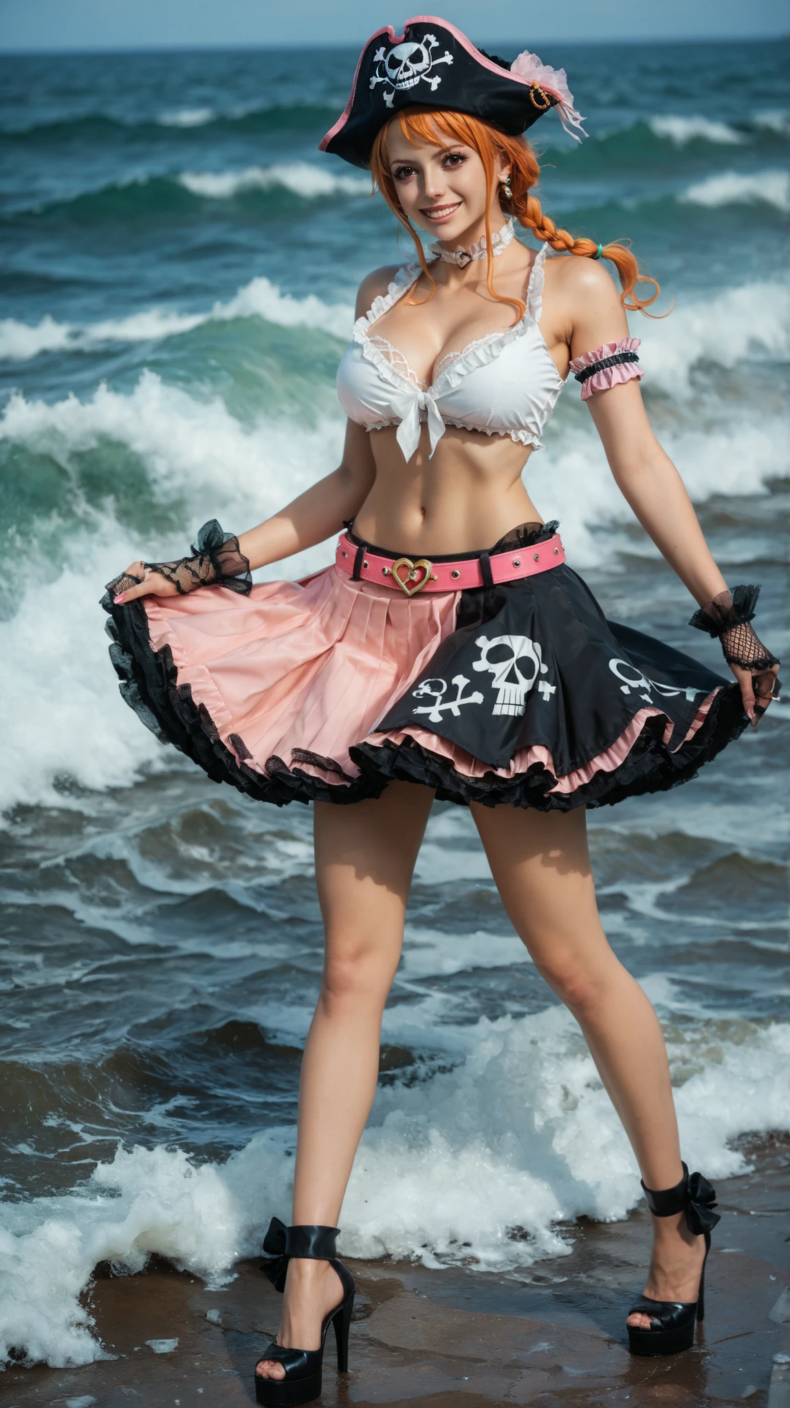 masterpiece, best quality, highres, Nami (One Piece), wearing a black pirate mini skirt with ruffled edges and asymmetrical back, black pleated front panel, pink belt with silver details, white choker with metal ring, black fishnet stockings, black high heels, white lace gloves, pink armband with hearts, black and pink pirate hat with skull and crossbones, white crop top bikini, long orange hair with soft waves and side braid, anime style, asiática, linda, hermosa.