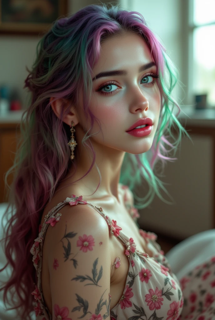 Wolf, Background, In chic boho style, in a cafe, cream print, multi-colored neon lights, neon garlands, rose hair, mixed-language_SMS, Japanese graffiti, (beautiful and clear background:1.2),, fantastic paintings ,graffit style, highly detail eyes , underwear, lace, latex, Pink, Purple, mint, Blue, Yellow, belve, lavender hair, Skull Print, Skull tattoo, Loving, Love, ultra detail hair, Masterpiece, Best Quality, highly quality, A high resolution, detail enhancement, ((most beautiful image in the world)), Masterpiece, Best Quality, highly quality, A high resolution, detail enhancement, ((most beautiful image ), Shiny pink degrade hair, ultra short fitted Stampa Flores, Rollers, fishnet pantyhose, short denim shorts, art by stjepan sejic, art by j scott campbell, Artist Guillem March, art by citemer liu, 4k, A high resolution, comic book character, comic, high quality detailed, style of ::2.0 comix illustration style,tatoon style, highly quality, A high resolution, detail enhancement, 8K, HD, Best Quality, highly quality, A high resolution, detail enhancement, 8K, HDR, sharp-focus, Ultra Detailed, perfect lighting, , Lush breasts, Curvy hips, skull print on clothes, skulls