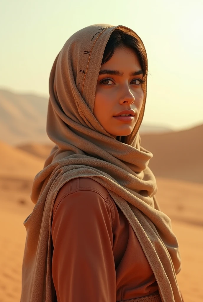 (masterpiece, high resolution, photo-realistic:1.3), courageous Palestinian woman, (flowing headscarf:1.2), standing proudly in the desert, bold gaze, vibrant sunlight casting strong shadows, symbolic Palestinian colors, resilient expression, clenched fists, wind-swept scarf, dusty terrain, distant olive trees, resilient atmosphere, capturing the spirit of courage, hope against adversity, intricate detailing of clothing, emphasizing the strength of the people, powerful wallpaper.