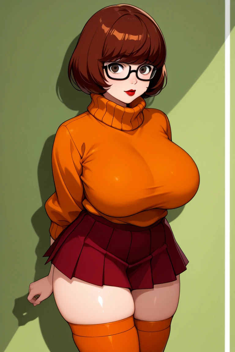 masterpiece,best quality,extreme detail,8k,white background,<lora:velma:0.6>,velma2,1girl,solo,breasts,short hair,bangs,skirt,large breasts,brown hair,shirt,thighhighs,brown eyes,thighs,pleated skirt,glasses,sweater,lips,zettai ryouiki,turtleneck,thick thighs,turtleneck sweater,adjusting eyewear,orange shirt,orange thighhighs,orange sweater,