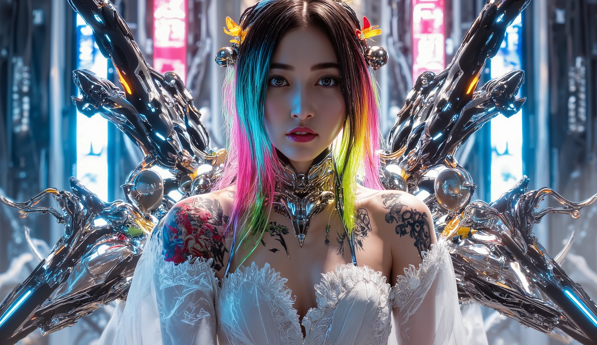  Attractive screen with shining decorations ，depict Taiwanese women on an impressive cyberpunk-style setting with sparkling decorations。 Meticulously drawn digital painting，Vibrant neon lights and futuristic elements。 The woman exudes a mysterious and elegant atmosphere，colorful hair，Metallic Ornaments。 Elegant clothes，With shining decorations，Shining tattoos and mechanical augmentations。 Vibrant futuristic city background，Holographic displays and cutting edge technology。