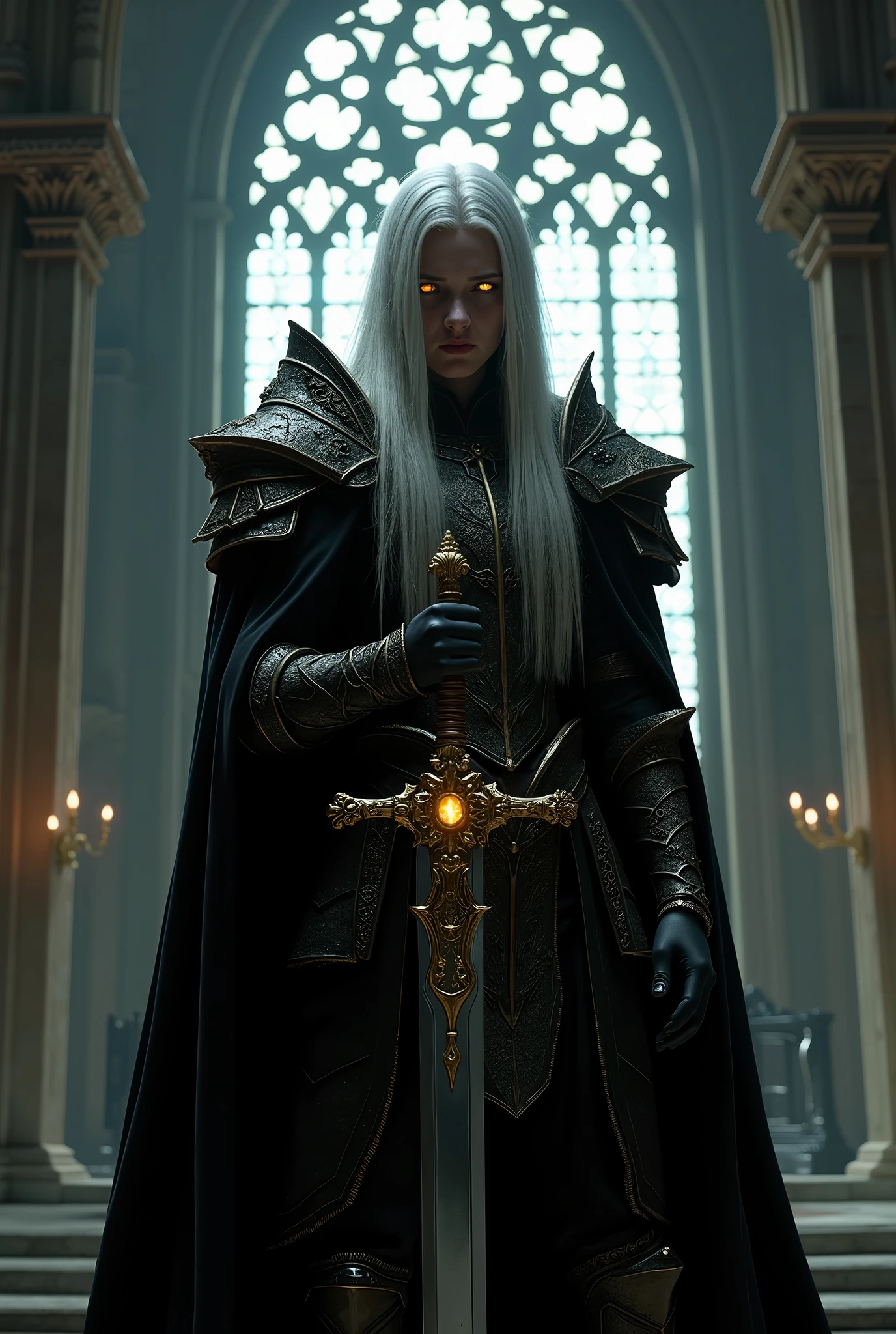 Before the imposing gothic stained glass window of an ancient cathedral, a solitary figure remained motionless — a warrior of dark and noble presence. Her long white hair , fluttering like silver threads in the wind, contrasting with the darkness that enveloped him. His golden eyes , intense and penetrating , they shone like embers amidst the gloom, carrying centuries of wisdom, sadness and power.
He wore intricately carved black armor, its elegant curves resembling petrified roots or flames. The surface of the metal reflected the light in a subtle way, as if absorbing more than returning. A black cloak rested on his shoulders, fastened by a golden brooch in the shape of a mythical creature, and its dark red interior revealed itself discreetly with each movement, as if whispered stories of blood and forgotten glory.
in your right hand, he wielded a silver-bladed sword as sharp as the silence of the night. The golden hilt of the weapon, ornamented with baroque designs and a gleaming gem encrusted, giving the blade an almost sacred — or profane — aura. Leather belts and golden chains adorned his waist, connecting the armor to the somber robes that flowed between the metal plates.
His countenance was serene, yet impenetrable — a mask of coldness and contemplation. The warrior seemed to carry the weight of an extinct empire, from battles fought not only with the sword, but with the soul. He was an enigma wrapped in steel and shadows, a fallen prince or a cursed knight awaiting the next chapter of his legend.