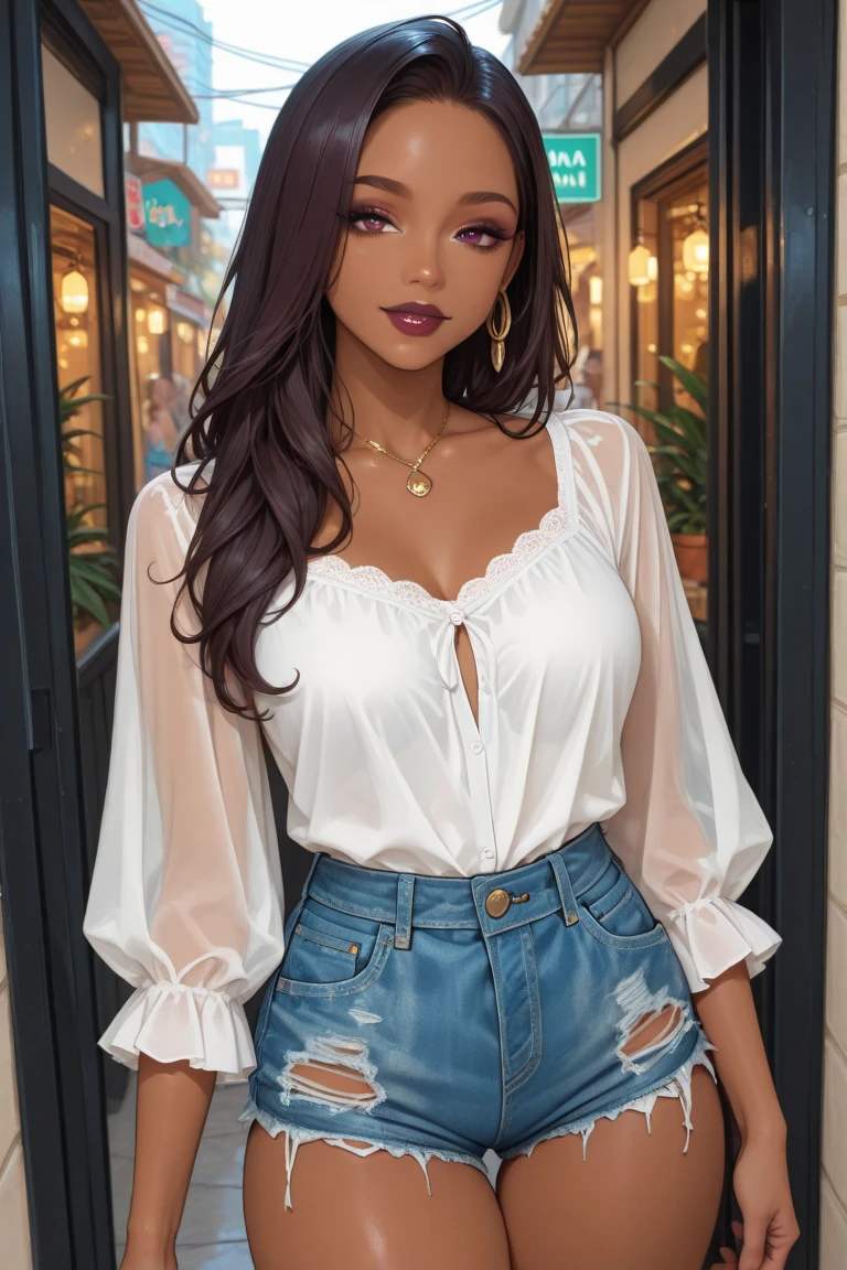 (UHD, retina, masterpiece, accurate, anatomically correct, textured skin, super detail, high details, high quality, best quality, high res, 1080P, HD, 4K, 8k, 16k), (eye candy, beautiful detailed blue eyes, beautiful detailed lips, extremely detailed eyes and face), studio lighting, physically-based rendering, vivid colors, (large sexy breasts), (white business shirt, sexy lace panties), cleavage, (medium closeup shot, side swept shiny hair, shiny skin, blush), (bokeh), eye reflection,, dark atmosphere, highly detailed skin texture, extreme details, perfect breast, dark tanned skin, freckles,, ultra detailed skin texture, soft lights, dark skin