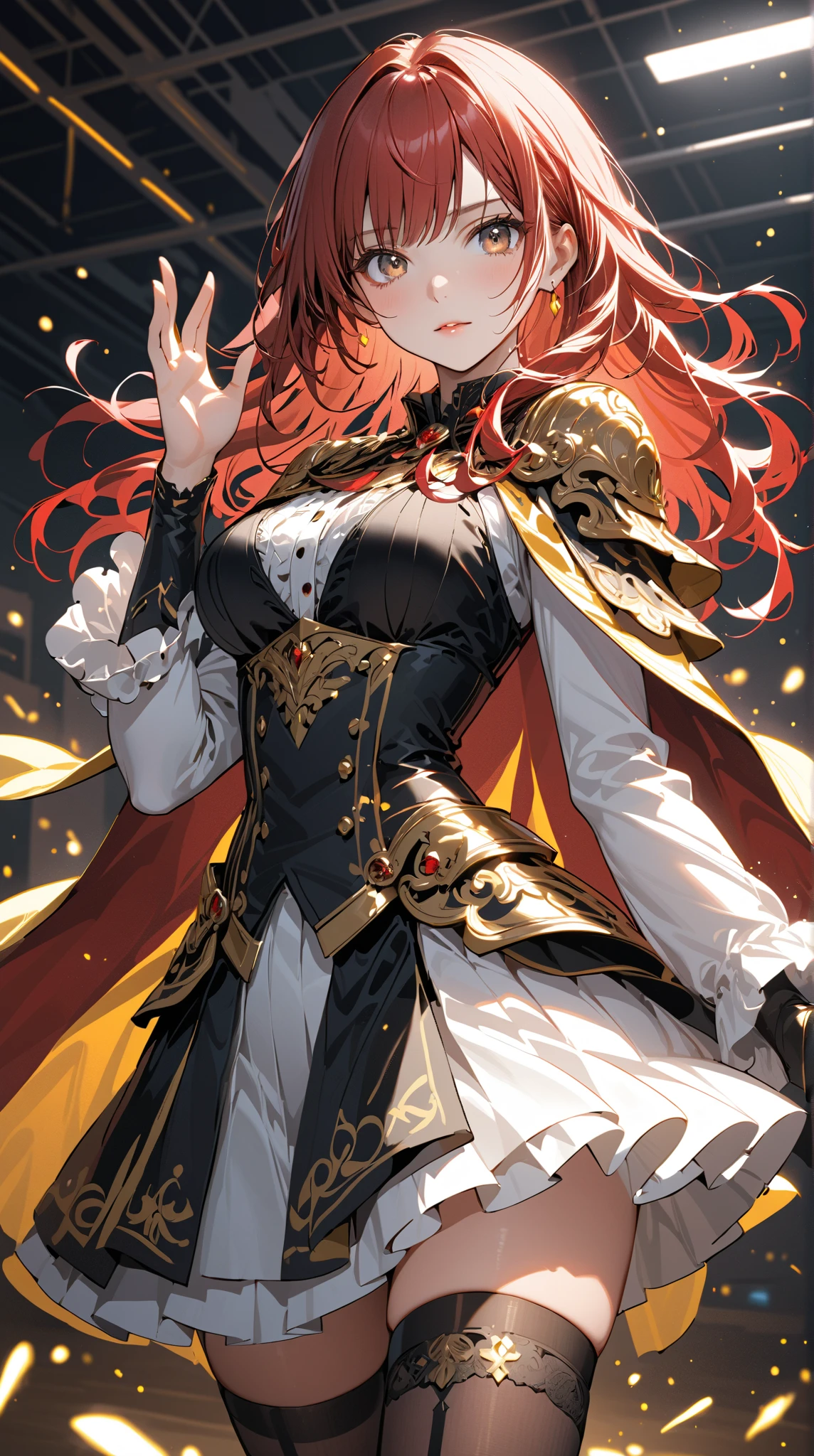 (masterpiece, best quality), close-up picture, alone, an adult woman with very long red hair, (golden armor), dress, red leather, black bows, long stockings, (((wavy hair))), (((black crown with spikes))), bare legs, bodysuit, queen, lake, chains, halo, black crown, good anatomy, correct proportions, black boots, torn clothes, queen, yellow eyes, serious, mysterious appearance, blood, emotionless, palace, straight bangs, very long red hair, evil, (yellow eyes), gothic, medium chest, blood weapons, blood spikes, chest to head show, cinematics, color oil painting, solo, film lighting, extremely detailed face, finely detailed face, beautiful face, beautiful eyes, perfect lighting, depth of field, realistic proportions, good anatomy, long coat